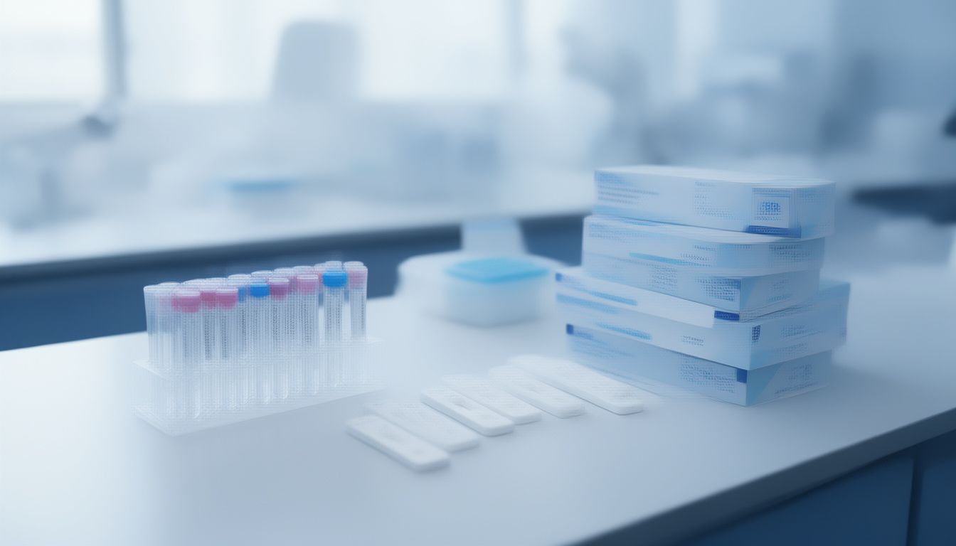 Laboratory bench with unlabelled test cassettes for dengue test kit storage