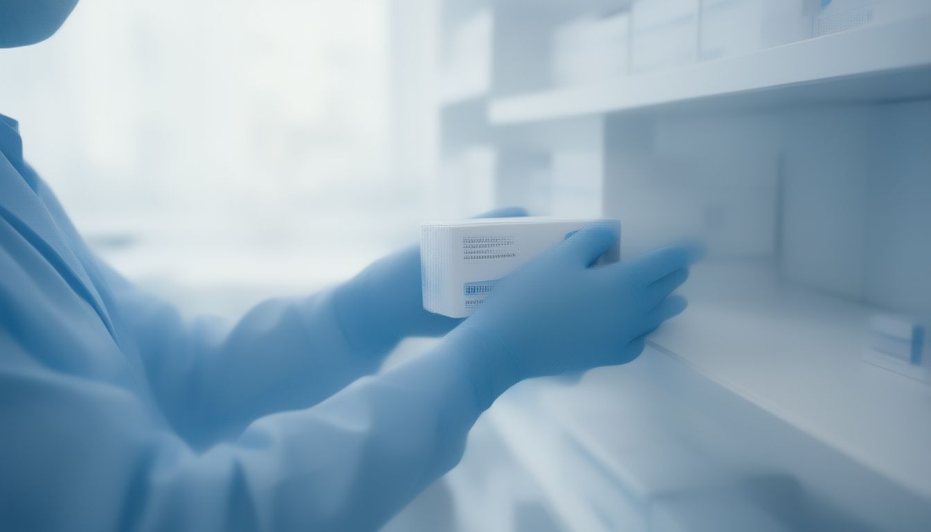 Gloved hands placing sealed test kit carton on receiving shelf at storage area