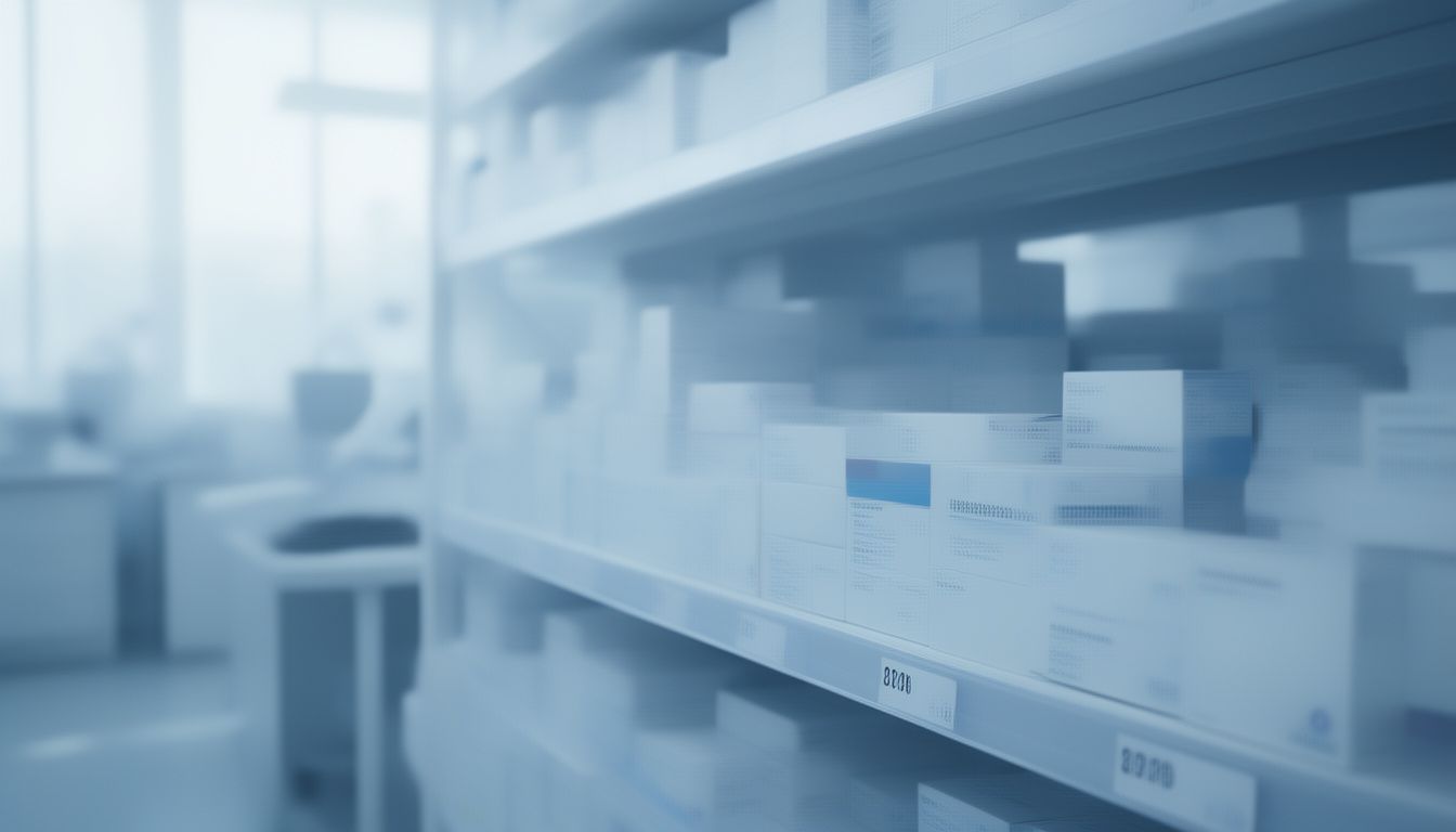 Boxed medical supplies on warehouse shelves arranged for first-expiry, first-out stock rotation