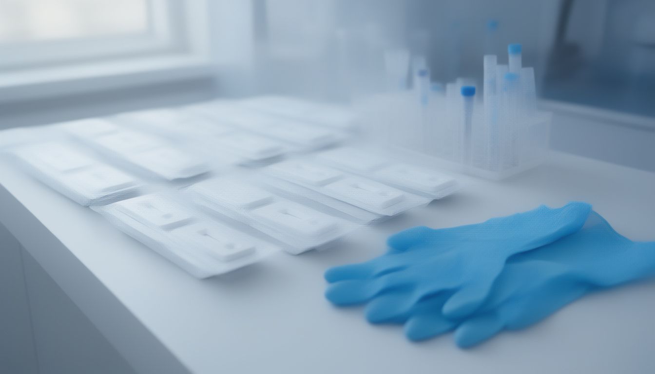 Laboratory bench with sealed rapid test devices and sample tubes for Ebola virus testing