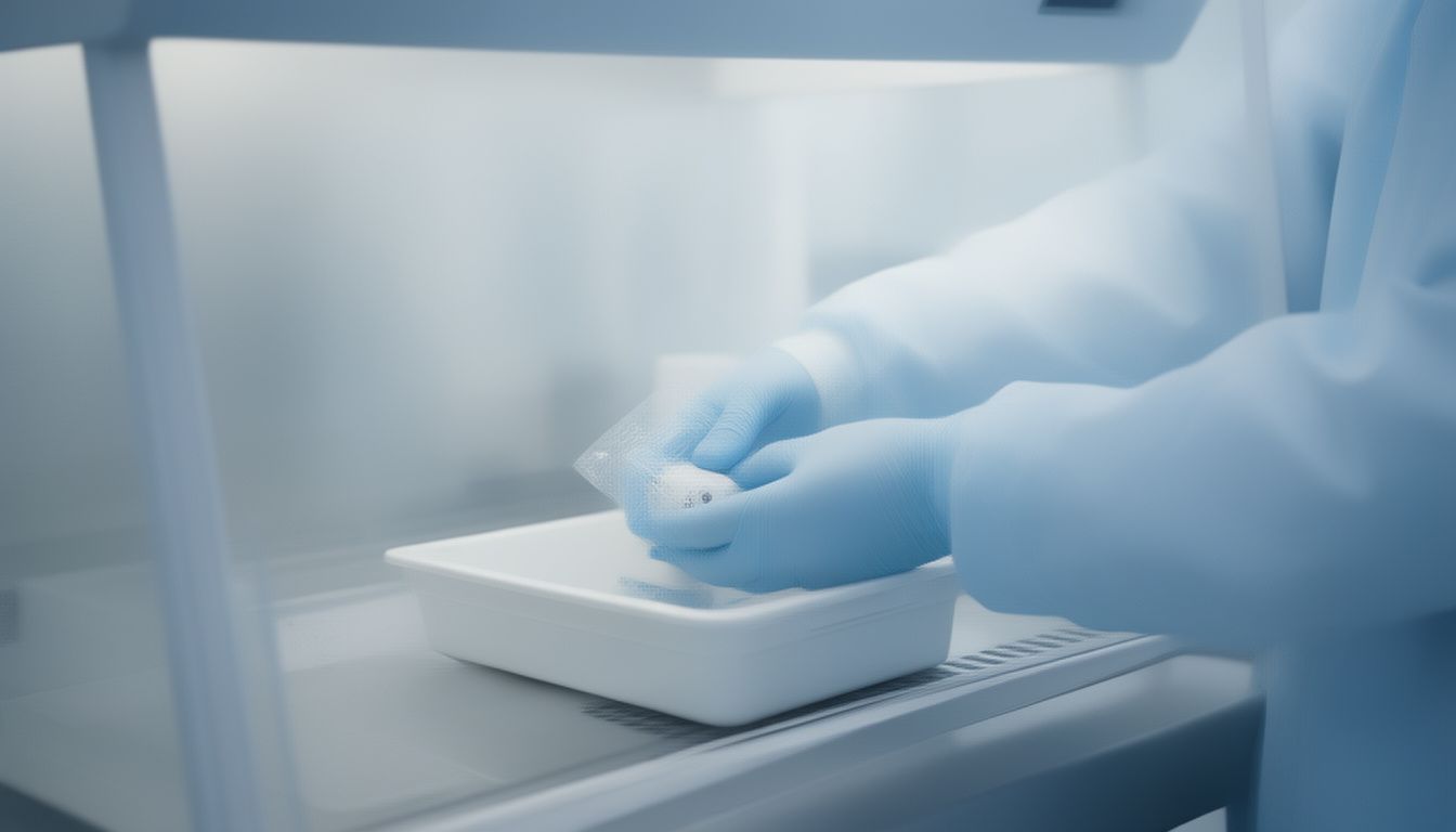 Gloved hands placing a sealed test device in a biosafety cabinet during laboratory work