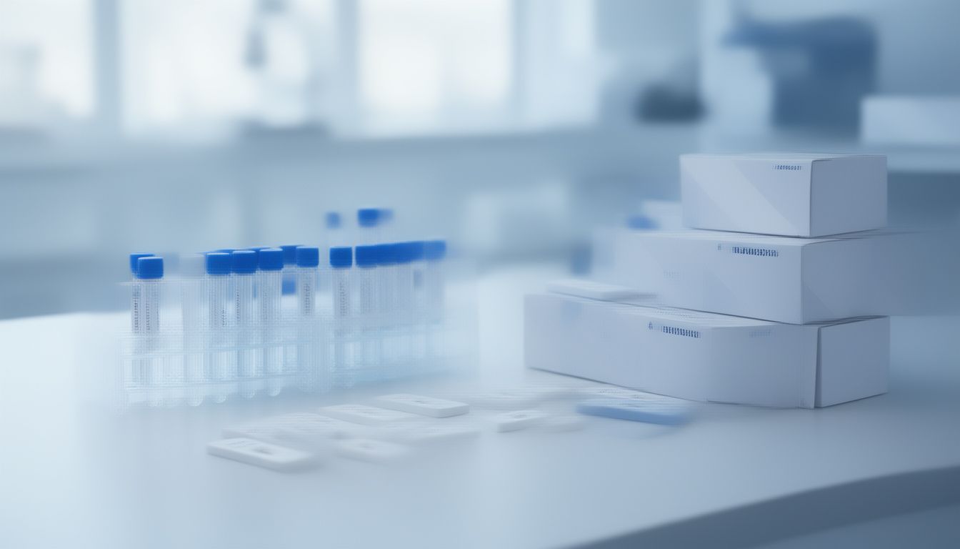 Boxed rapid test kits on clinic storage shelves for FSH test kit inventory