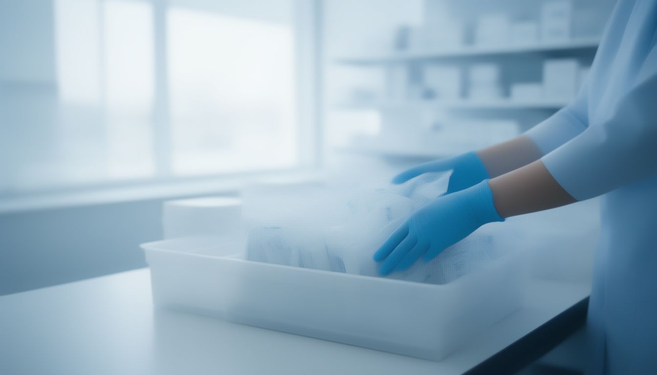 Gloved hands arranging sealed test pouches on clinic shelves by expiry date
