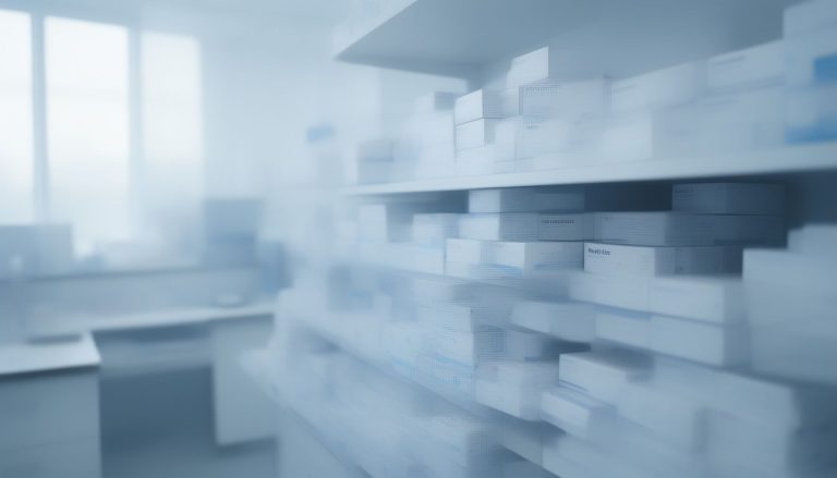 Clinic supply room shelves holding boxed H. pylori test kits for inventory planning