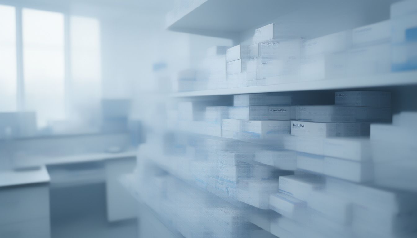 Clinic supply room shelves holding boxed H. pylori test kits for inventory planning
