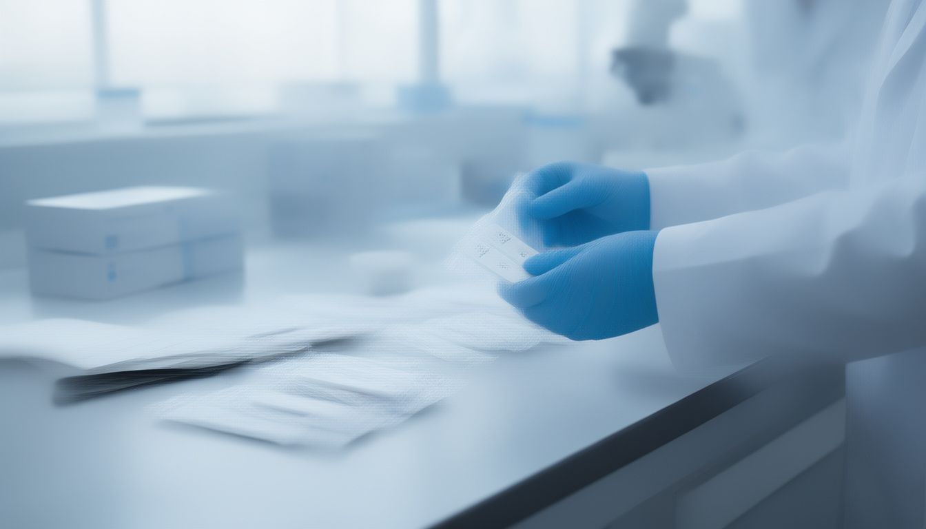 Technician's gloved hands counting sealed rapid test pouches before placing an order