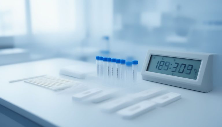 Lab bench with swabs, sample tubes and cassettes for an HPV antigen test kit.