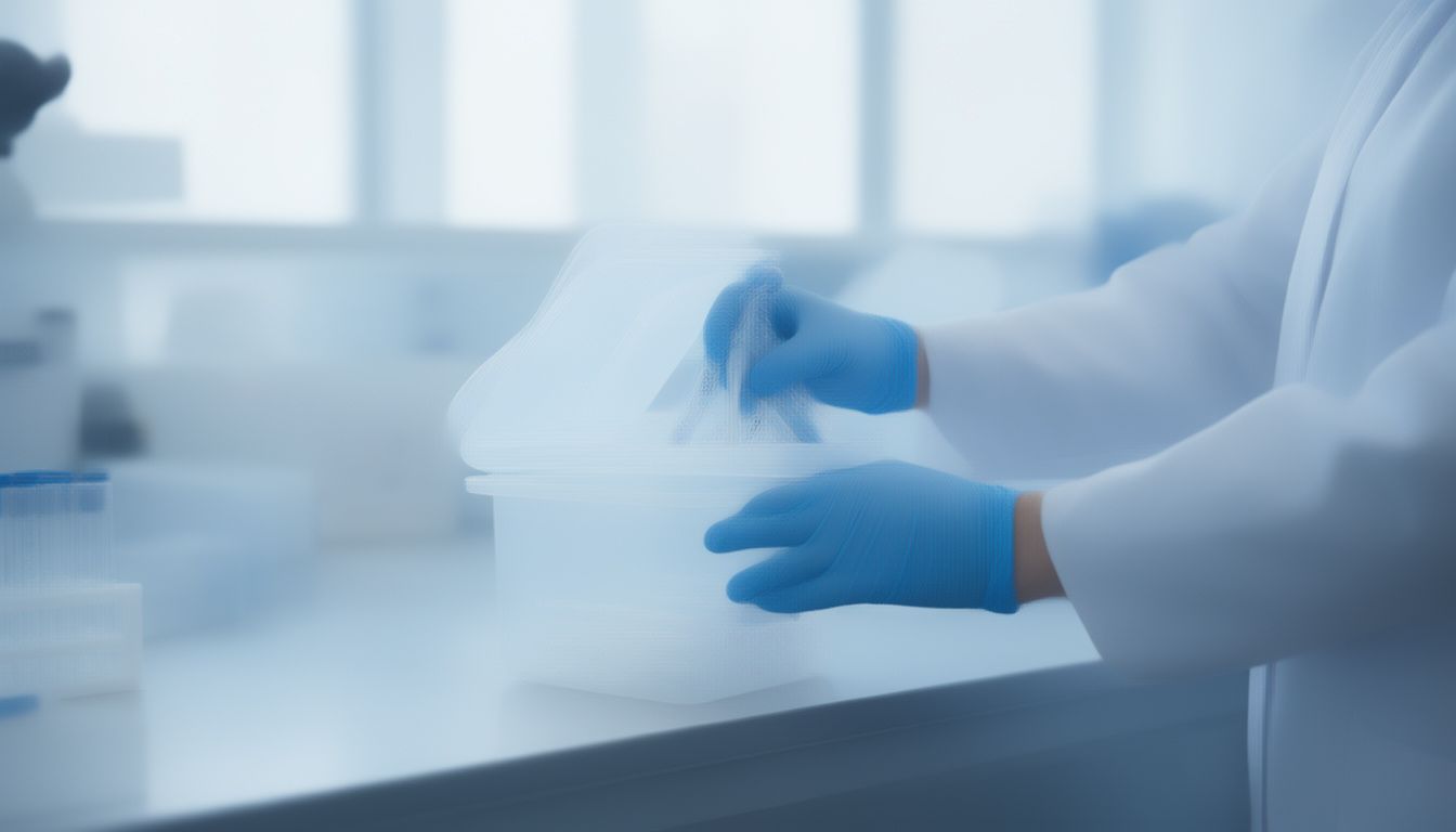 Gloved hands sealing a swab tube into a leakproof container before transport.