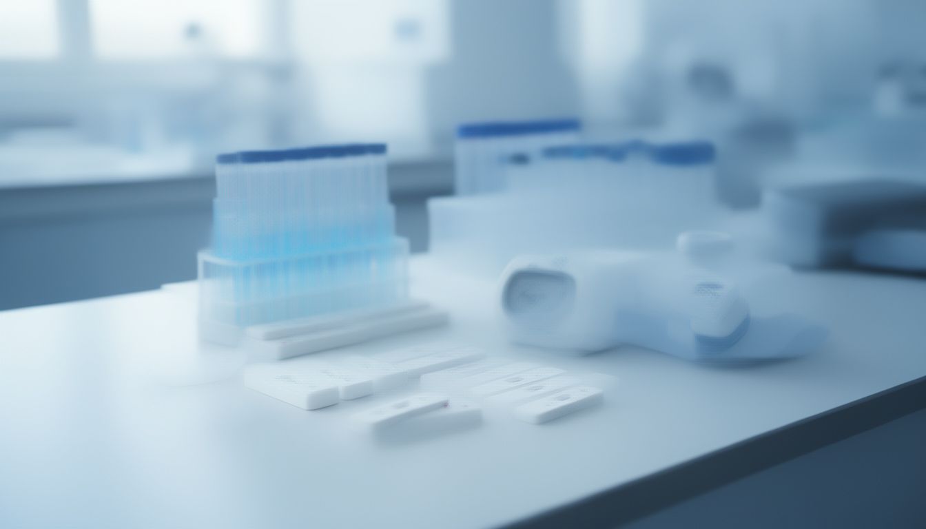 Monkeypox virus test kit on a clean laboratory bench beside sample tubes