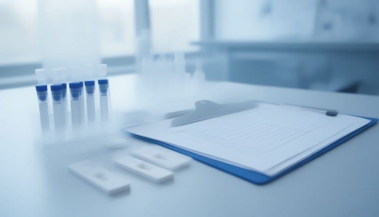 Laboratory bench with unlabelled rapid drug screening test cassettes and sample tubes