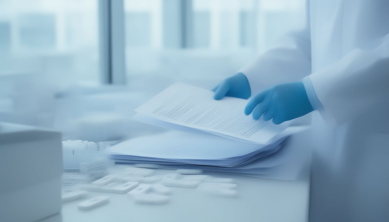 Gloved hands arranging a folder of documents beside test cassettes on a lab bench