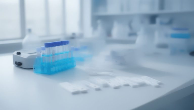 Lab bench with sample tubes and unlabelled rapid test cassettes for Salmonella antigen testing