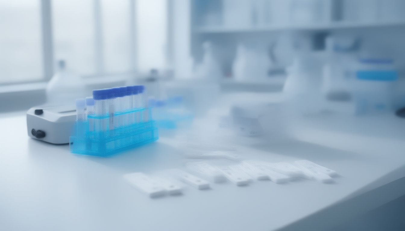 Lab bench with sample tubes and unlabelled rapid test cassettes for Salmonella antigen testing