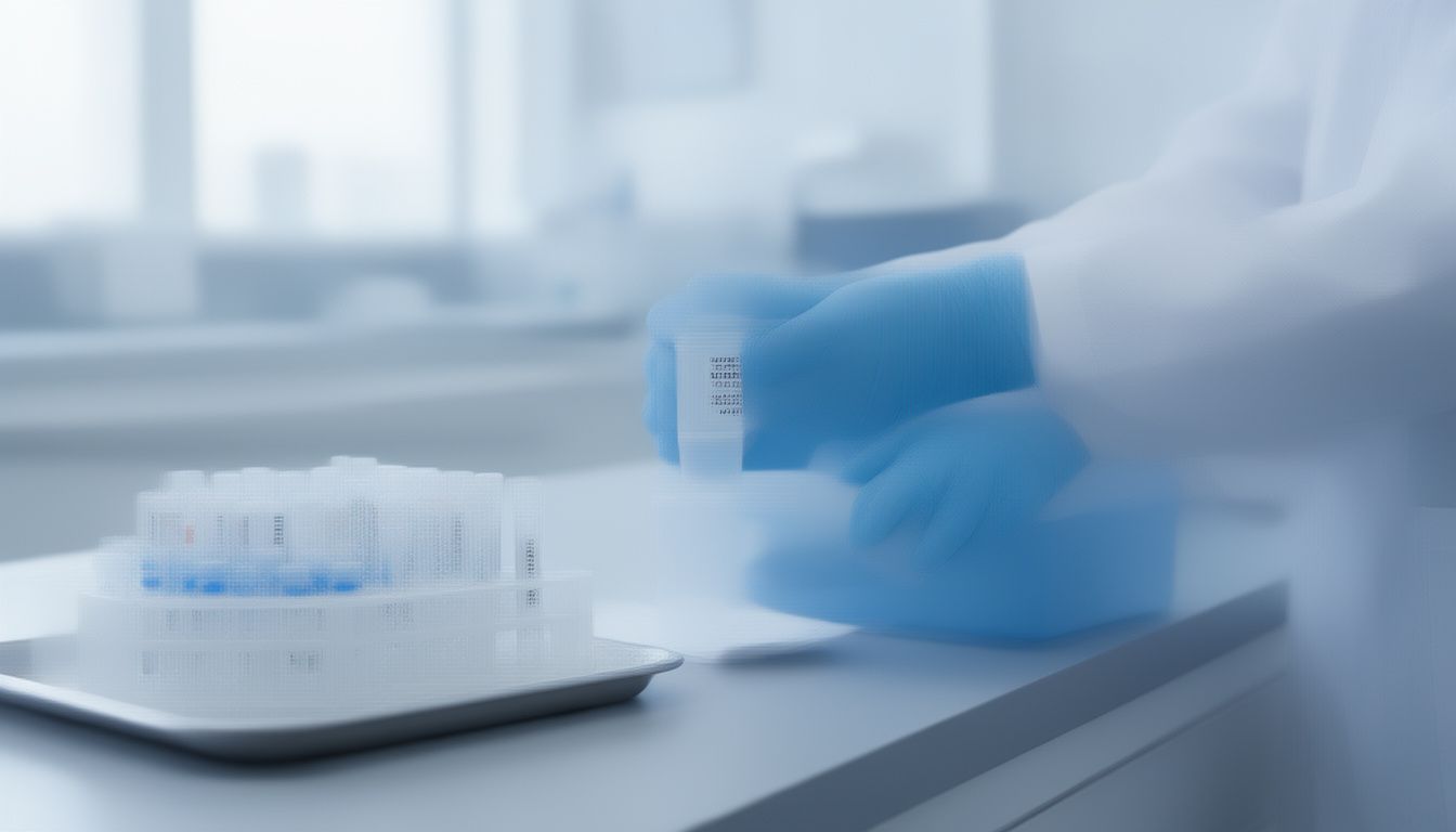 Gloved hands handling plain stool collection container beside test supplies on clinic counter