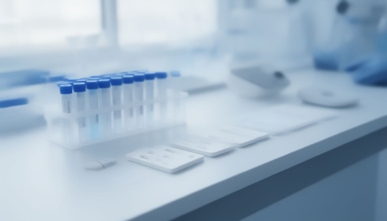 Clean laboratory bench with unlabelled rapid syphilis test cassettes, sample tubes and a timer
