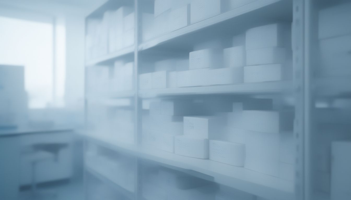 Clinic store room shelves holding sealed supply cartons for rapid screening consumables