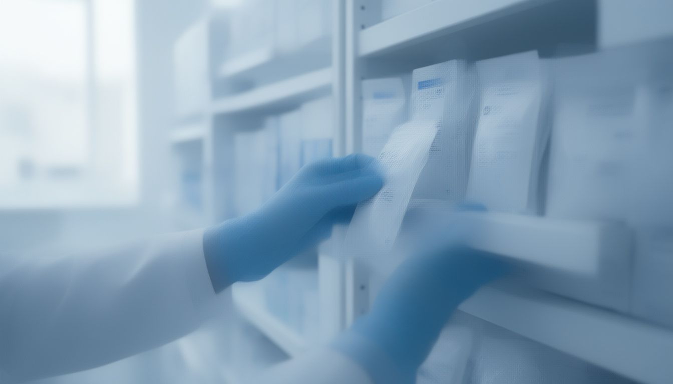 Gloved hands arranging sealed rapid test pouches on a laboratory shelf in stock order